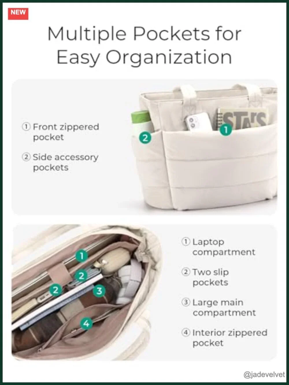 Lightweight Puffy Tote Bag with Compartments Shoulder Handbag Travel Work Gym
